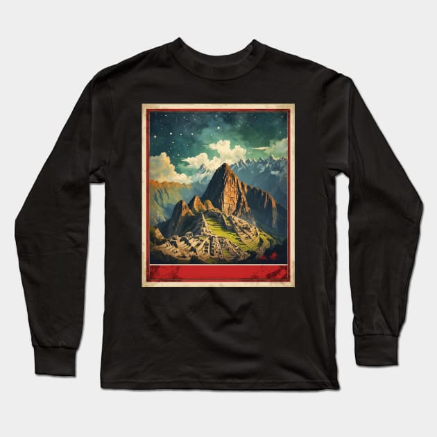 Peru Machu Picchu Starry Night Tourism Vintage Poster Art Long Sleeve T-Shirt by TravelersGems